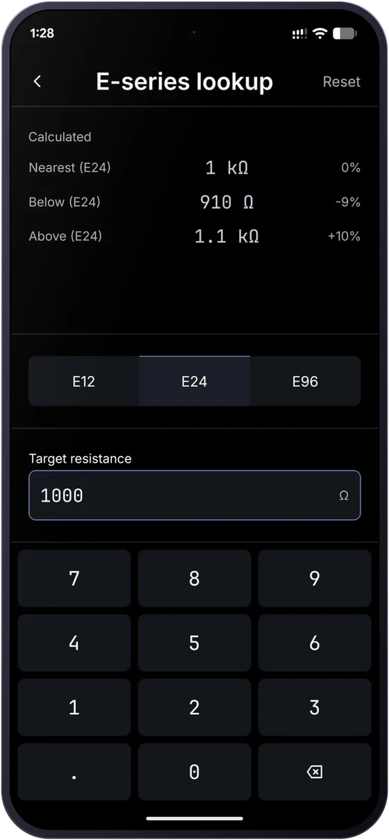 Volt's E-series lookup: 1000 Ω is exactly 1 kΩ in E24, between 910 Ω and 1.1 kΩ