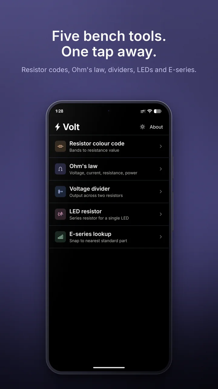 Home screen in dark theme listing the five tools